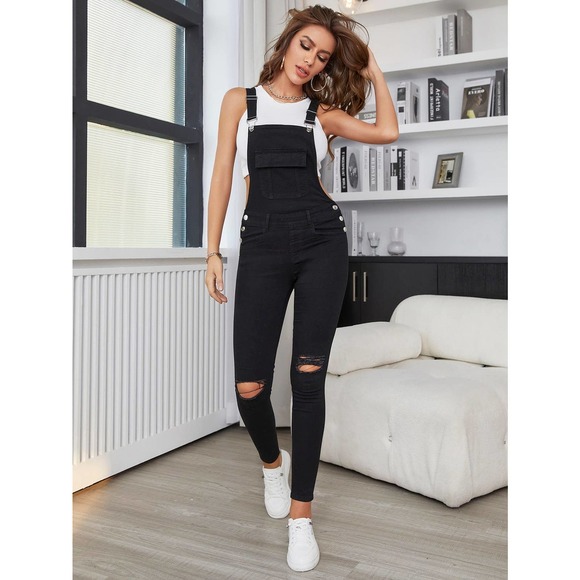 Flap Pocket Ripped distressed Denim Overalls black (Without Top) - Picture 1 of 6
